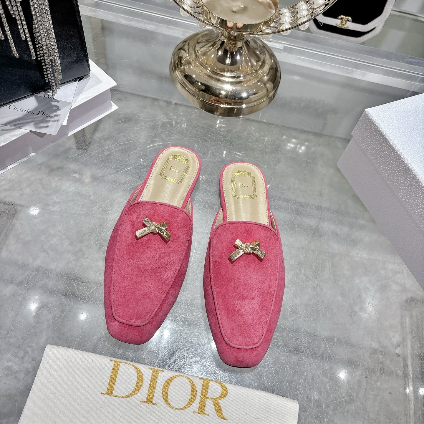 Dior-Baby-Bow-Flat-Mules-Fuchsia-Suede-Goatskin-Leather-Shoes-35To41