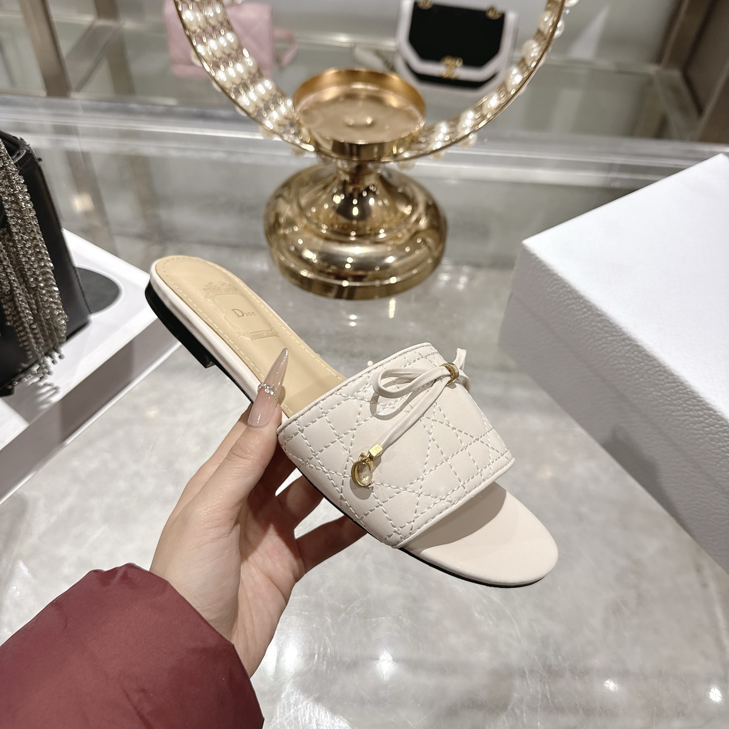 Dior-Cannage-Flat-Slide-Sandals-Shoes-White-Quilted-Cannage-Lambskin-35To41