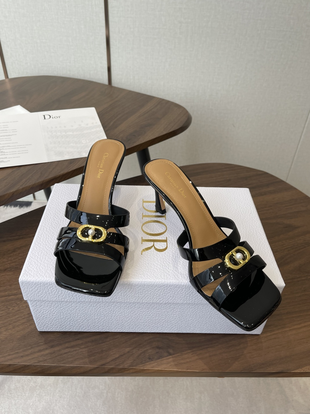 Dior-or-30M-Heeled-Slides-Sandals-Shoes-Black-Patent-Calfskin-Leather-70MM-35To40