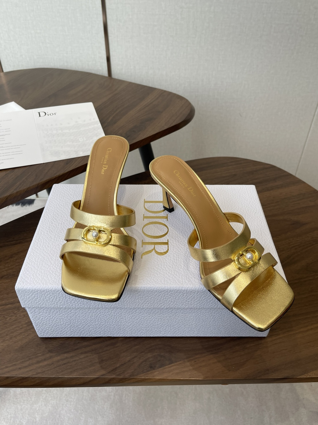Dior-or-30M-Heeled-Slides-Sandals-Shoes-Gold-Patent-Calfskin-Leather-70MM-35To40