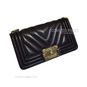 Chanel Boy Bag Small In Black Lambskin Chevron With Shiny Gold HW