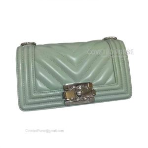 Chanel Boy Bag Small In Matcha Green Lambskin Chevron With Shiny Silver HW