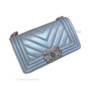 Chanel Boy Bag Small In Pearl Blue Lambskin Chevron With Shiny Silver HW