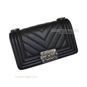 Chanel Boy Bag Small In Black Caviar Chevron With Silver HW