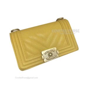Chanel Boy Bag Small In Mango Yellow Caviar Chevron With Shiny Gold HW
