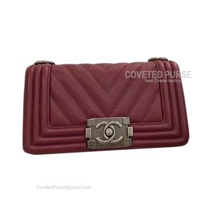 Chanel Boy Bag Small In Bordeaux Caviar Chevron With Silver HW