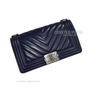 Chanel Boy Bag Medium In Sapphire Calfskin Chevron With Silver HW