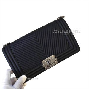 Chanel Boy Bag Medium Calfskin In Black Chevron With Silver HW