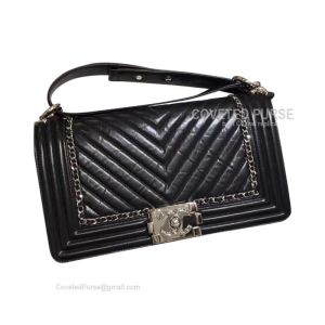 Chanel Medium Boy Bag Chain Around In Black Crumpled Calfskin Chevron With Shiny Silver HW