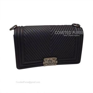 Chanel Boy Bag Medium In Black Chevron Calfskin With Silver HW