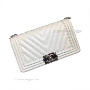 Chanel Boy Bag Medium In White Lambskin Chevron With Shiny Silver HW