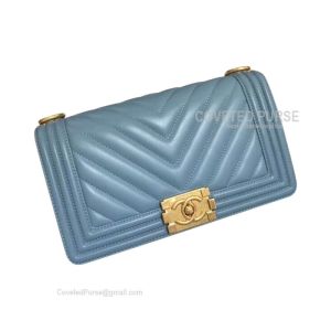 Chanel Boy Bag Medium In Haze Blue Lambskin Chevron With Gold HW