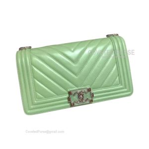 Chanel Boy Bag Medium In Pearlite Green Lambskin Chevron With Shiny Silver HW