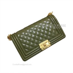 Chanel Boy Bag Medium In Military Green Lambskin With Gold HW