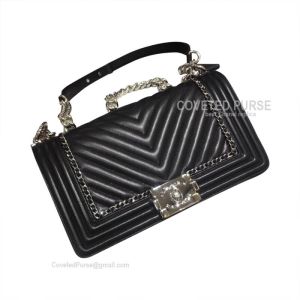 Chanel Boy Bag Medium Chevron In Black Lambskin With Shiny Silver HW