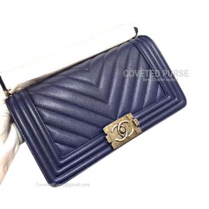 Chanel Boy Bag Medium In Navy Blue Caviar Chevron With Silver HW
