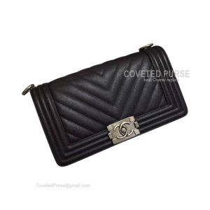 Chanel Boy Bag Medium In Black Caviar Chevron With Silver HW