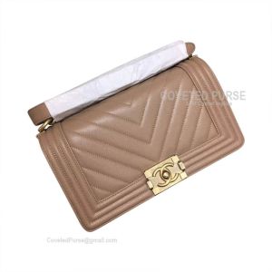 Chanel Boy Bag Medium In Caramel Caviar Chevron With Shiny Gold HW