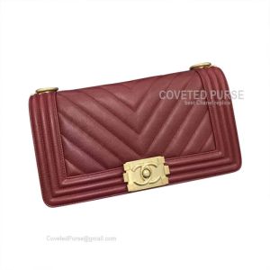 Chanel Boy Bag Medium In Bordeaux Caviar Chevron With Gold HW