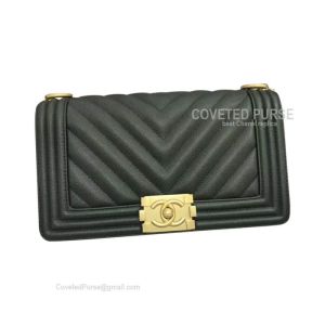 Chanel Boy Bag Medium In Emerald Caviar Chevron With Shiny Gold HW