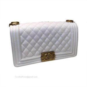 Chanel Boy Bag Medium In White Caviar With Gold HW