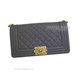 Chanel Boy Bag Medium In Gray Blue Caviar With Shiny Gold HW
