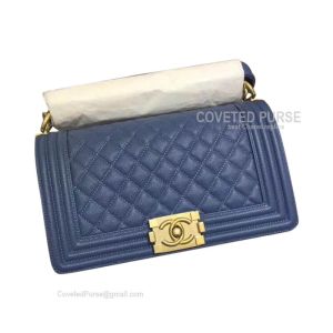 Chanel Boy Bag Medium In Cowboy Blue Caviar With Shiny Gold HW