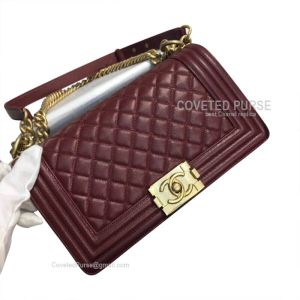 Chanel Boy Bag Medium In Bordeaux Caviar With Shiny Gold HW