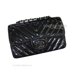 Chanel So Black Rectangular Mini Flap Bag Patent Chevron With Black HW