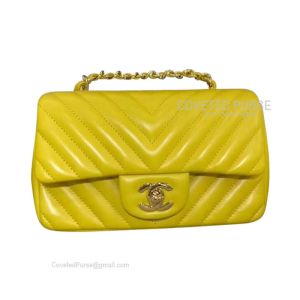 Chanel Mini Flap Bag Rectangular Bright Yellow Lambskin Chevron With Gold HW
