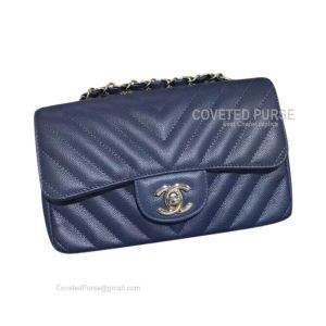 Chanel Mini Flap Bag Rectangular Navy Blue Caviar Chevron With Silver HW