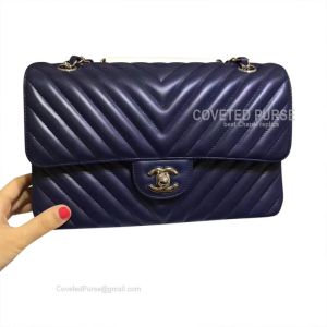 Chanel Medium Flap Bag Sapphire Lambskin Chevron With Silver HW