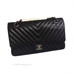Chanel Medium Flap Bag Black Lambskin Chevron With Silver HW