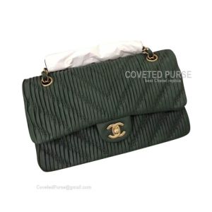 Chanel Medium Flap Bag Dark Green Lambskin Chevron With Gold HW