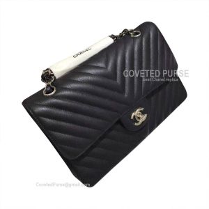 Chanel Medium Flap Bag Black Caviar Chevron With Silver HW
