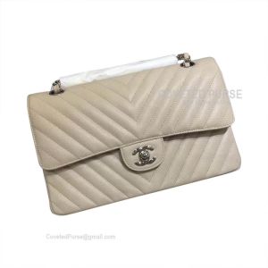 Chanel Medium Flap Bag Beige Caviar Chevron With Silver HW