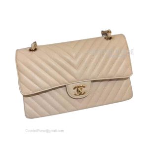 Chanel Medium Flap Bag Champagne Caviar Chevron With Gold HW