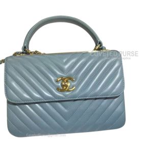 Chanel Mint Blue Lambskin Flap Bag Chevron With Top Handle Gold HW