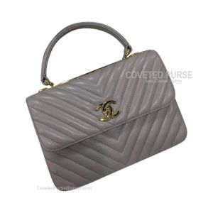 Chanel Elephant Ash Lambskin Flap Bag Chevron With Top Handle Gold HW