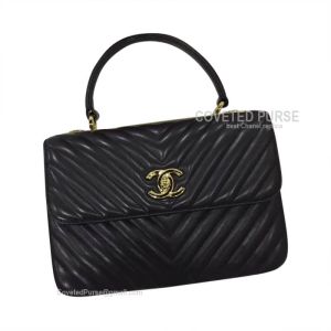 Chanel Black Lambskin Flap Bag Chevron With Top Handle Gold HW