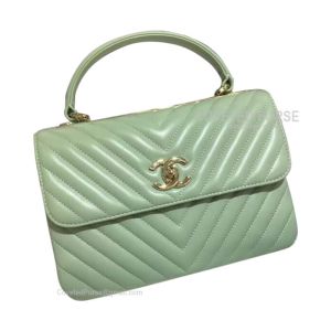 Chanel Matcha Green Lambskin Flap Bag Chevron With Top Handle Gold HW