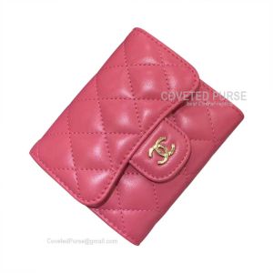 Chanel Classic Small Wallet In Watermelon Red Lambskin With Shiny Gold HW