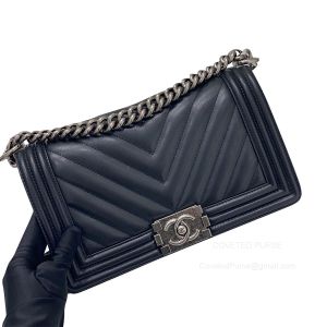 Chanel Le Boy Bag Medium in Black Calfskin Chevron with SHW