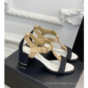 Chanel Beige Leather and Black Cotton Heeled Sandal