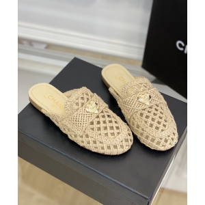 Chanel CC Heart Raffia Mules Beige