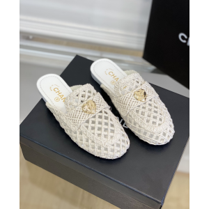 Chanel CC Heart Raffia Mules White