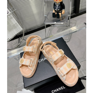 Chanel Dad Tweed Flat Sandal Beige
