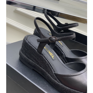 Chanel Espadrille Wedge Leather Sandal Black