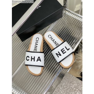 Chanel Monogram Leather Slide Flat Sandal White