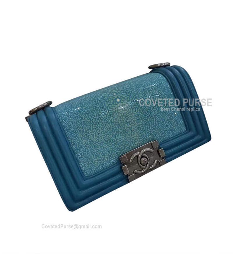 Chanel Small Seawater Blue Stingray Embossed Calfskin Le Boy Bag With Silver HW
